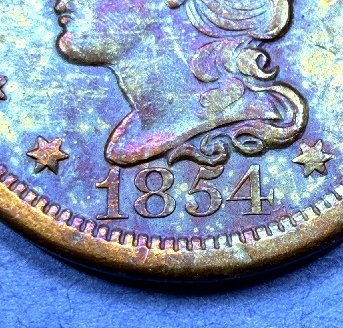 1854 Braided Hair Large Cent 1C XF Super Rainbow Toner Blue Peach Purple Toning