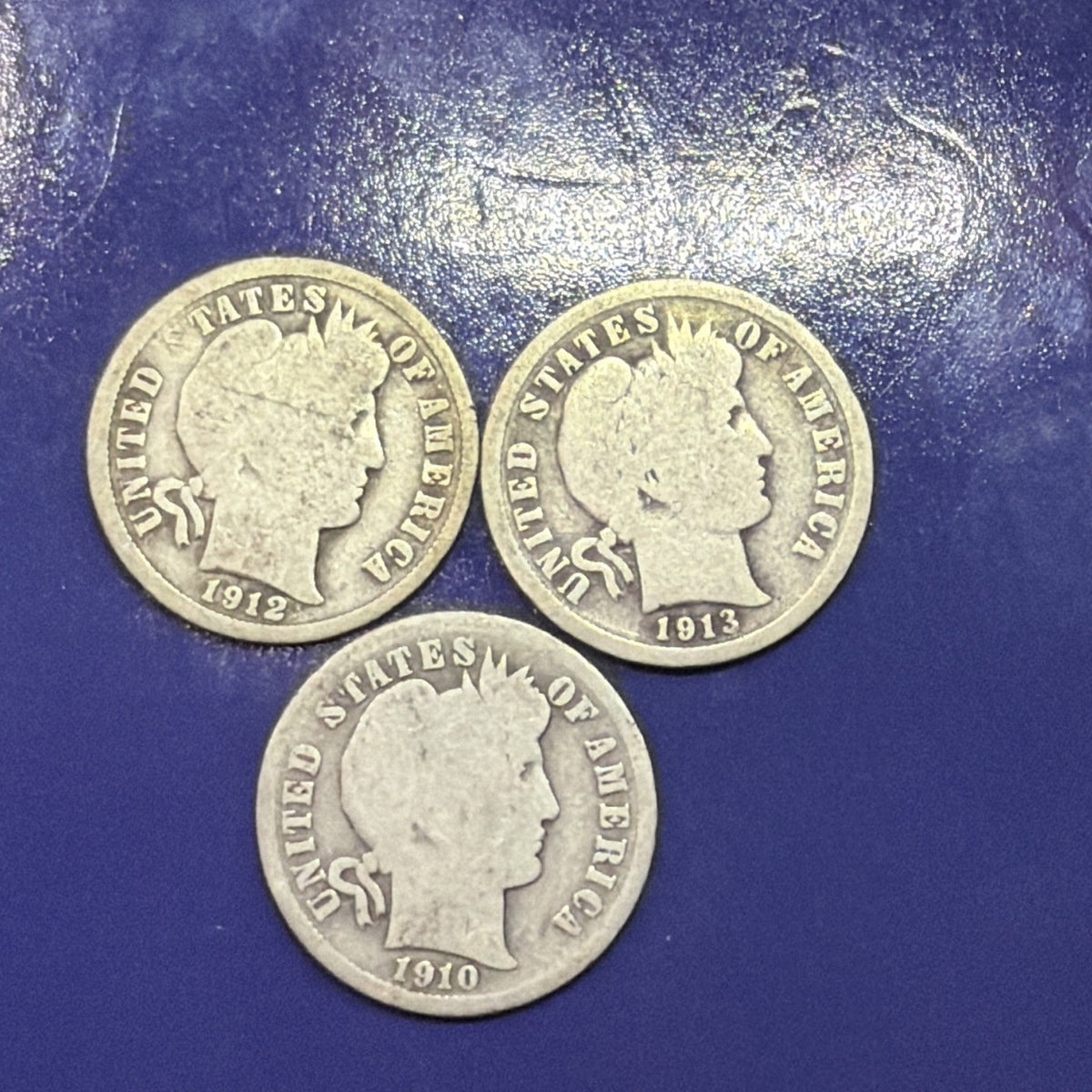1910 1912 1913 Barber Dime 10C Lot of 3 G Good 90% Silver US Coins