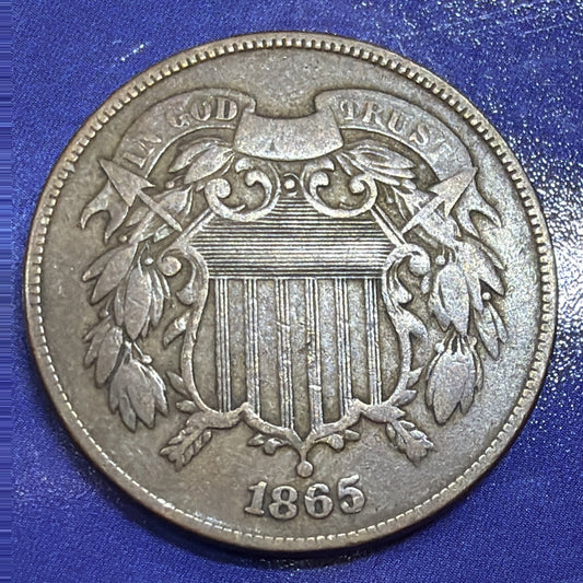 1865 Two Cent Piece 2C VF Very Fine Shield Bronze US Coin Philadelphia