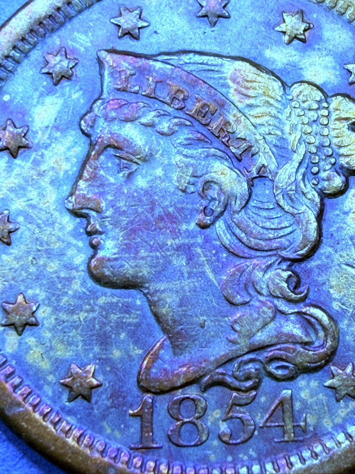1854 Braided Hair Large Cent 1C XF Super Rainbow Toner Blue Peach Purple Toning