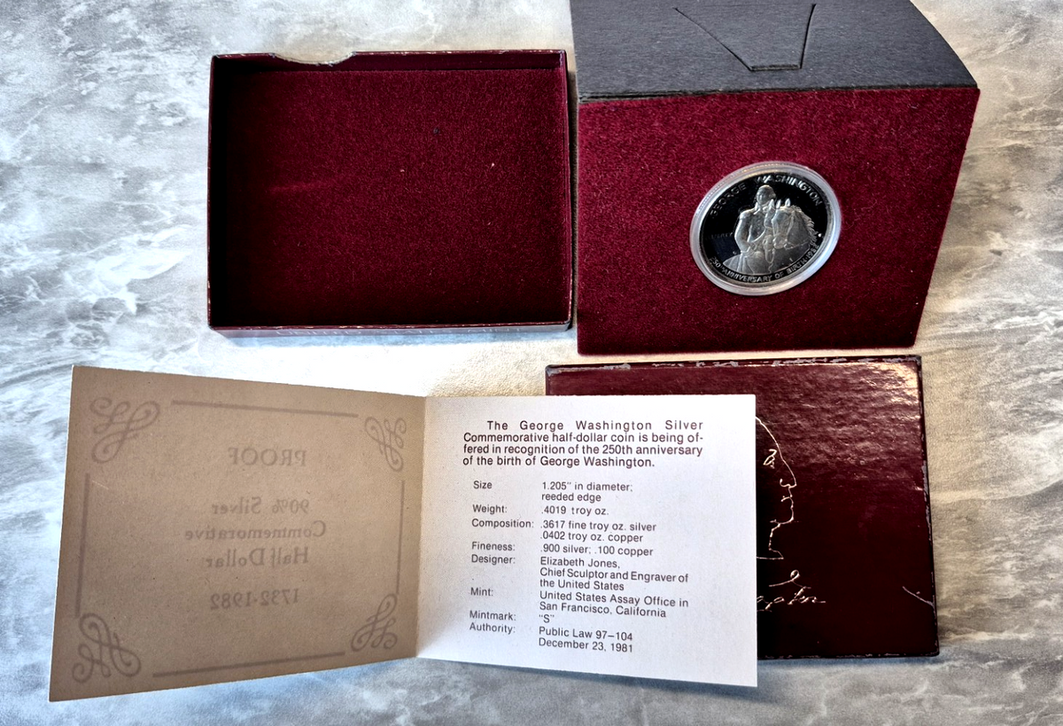 1982-S George Washington 250th Anniversary Proof 90% Silver Half Dollar OGP COA