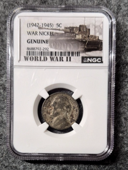 1942-1945 S Jefferson War Nickel 5C NGC Genuine World War II Label 35% Silver