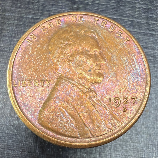 1927-S Lincoln Cent AU WOODY Improper Alloy Mix Wood Grain Toned San Francisco
