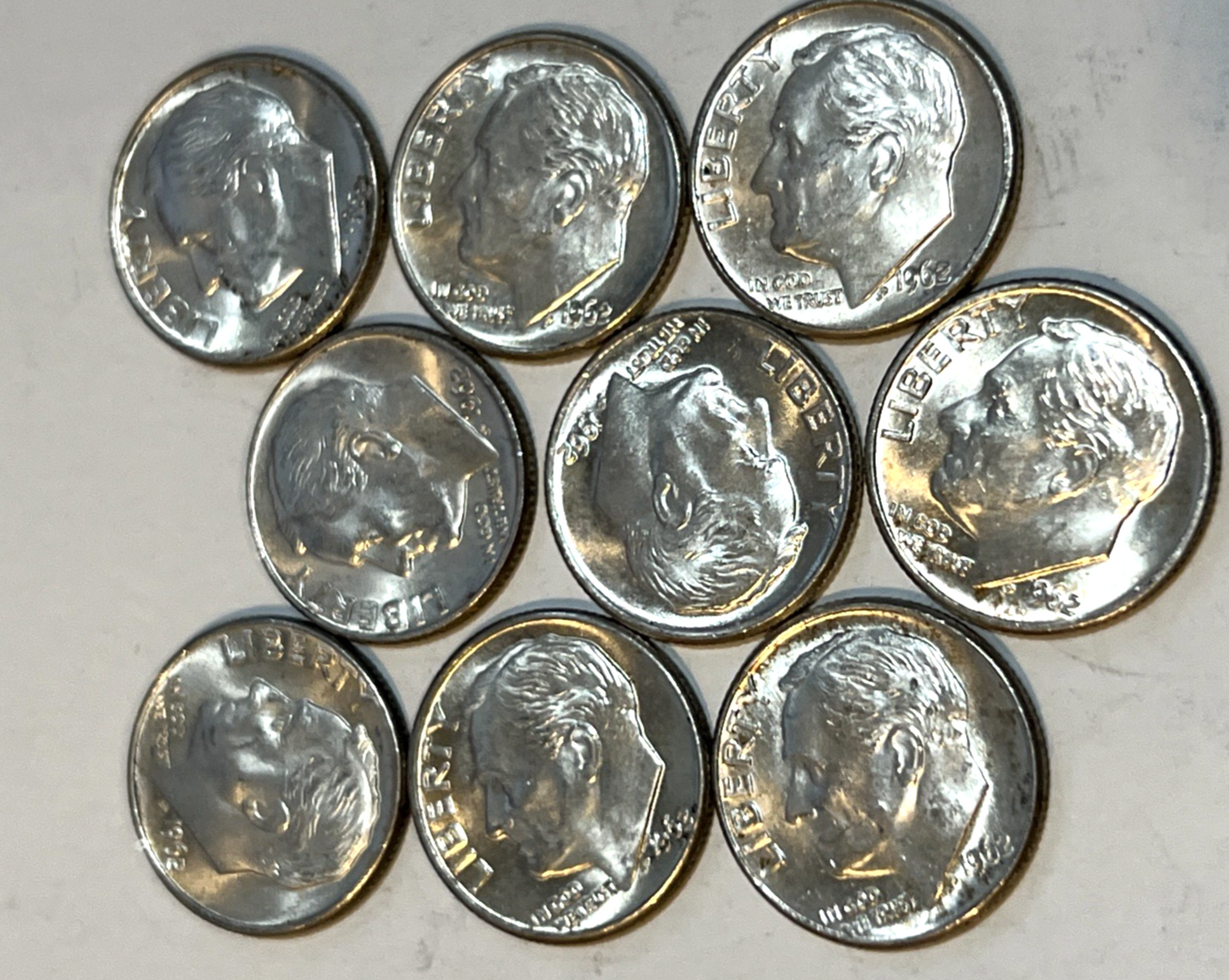 {9} 1962 D Roosevelt Dimes 90% Silver BU Uncirculated Condition $.90 Face Value