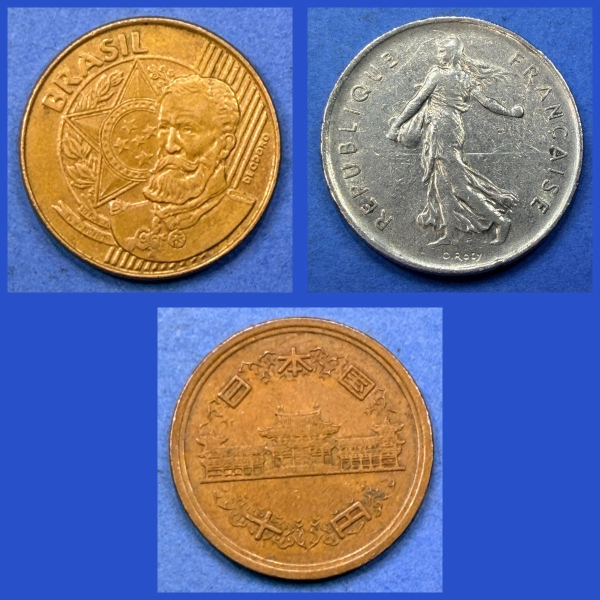 World Coin Lot 3 Coins Brazil 25 Centavos 1998 France 5 Francs 1971 Japan 10 Yen
