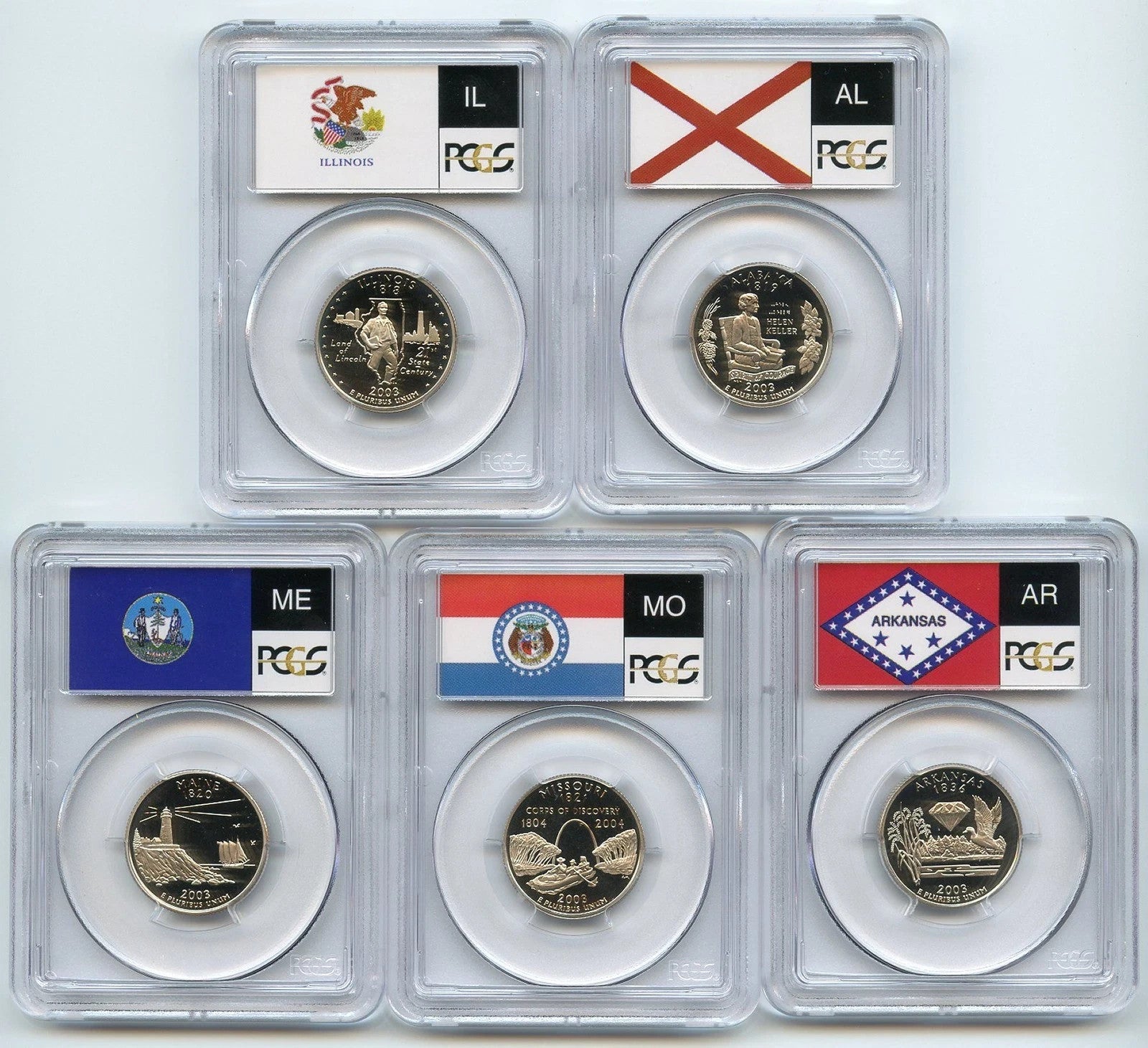 🔥 2003 S 5 Coin State Quarter Set PCGS PR69DCAM IL AL ME NO AR Flag Labels