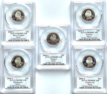 2005 S State Quarter Set 90% Silver PCGS High Graded PR69DCAM (CA/KS/OR/MN/WV)