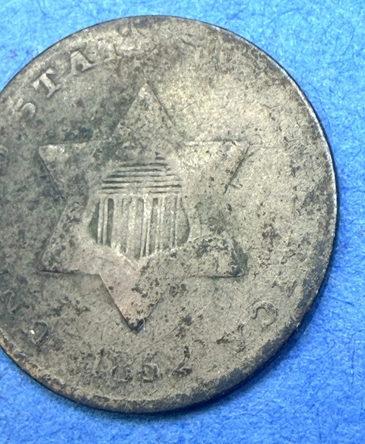 1852 Three Cent Silver Trime 3CS AG Dark Toned Type 1 Antique US Smallest Coin - view 3