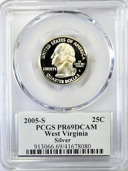 ✅ 2005-S West Virginia 90% SILVER Washington Quarter ~ PCGS PR69DCAM State Flag