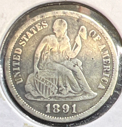 1891-O 10c Liberty Seated 90% Silver Dime Fine - Very Fine Features Actual Coin