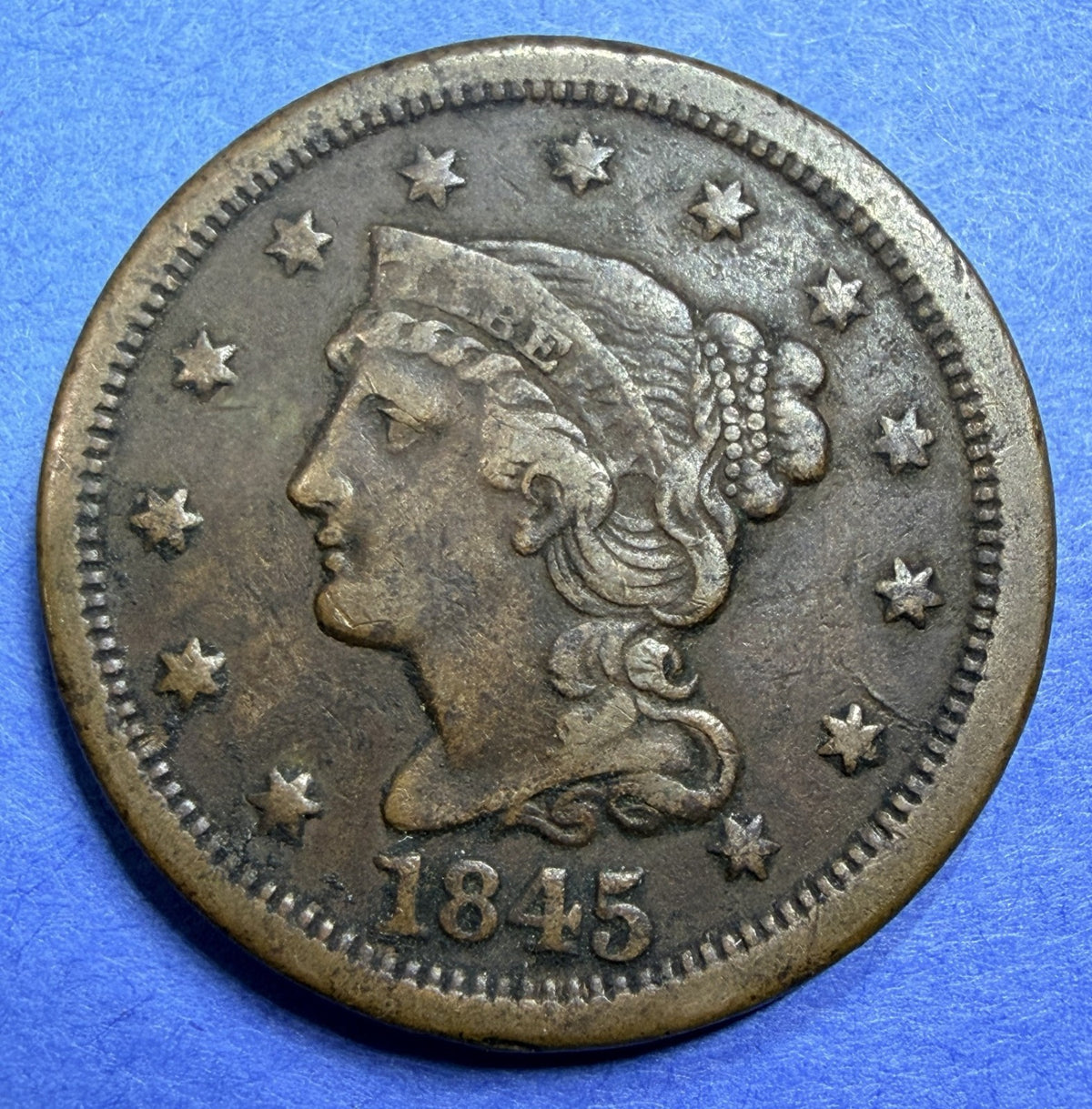 1845 Braided Hair Large Cent 1C VF Fine Details Philadelphia Mint Coin