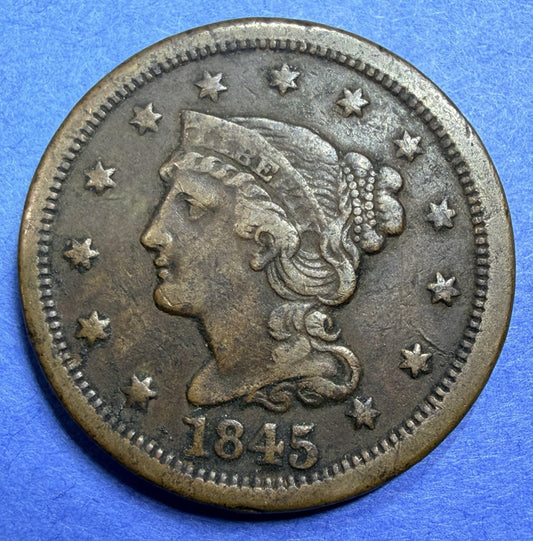 1845 Braided Hair Large Cent 1C VF Fine Details Philadelphia Mint Coin