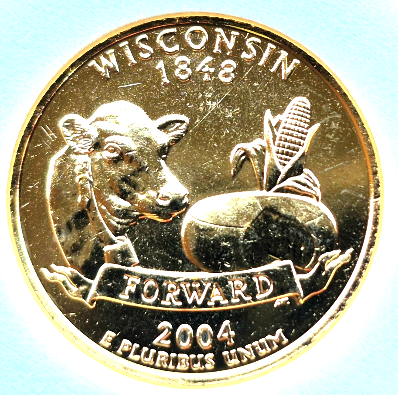 2004 D Iowa and 2004 D Wisconsin 24k Gold Plated State Quarters in Capsules
