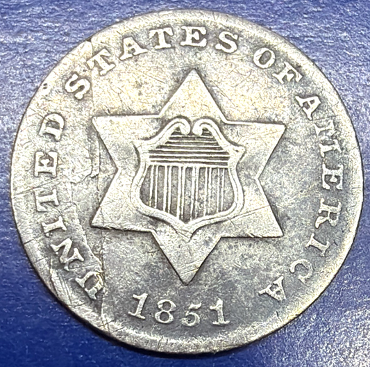 1851 Three 3 Cent Silver Trime - 3CS Type 1 Philadelphia Mint Fine Appearance