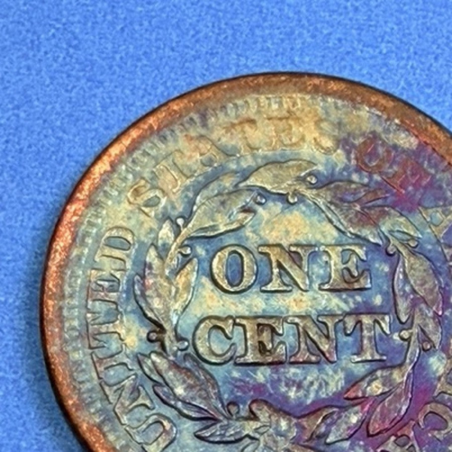 1851 Braided Hair Large Cent 1C XF-AU Rainbow Toned Copper Penny US Coin