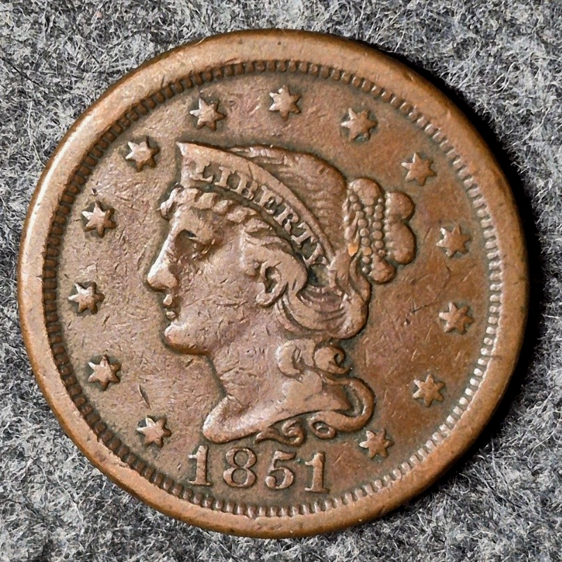 1851 Braided Hair Large Cent VF+ Very Fine Plus Raw US Copper One Cent Coin