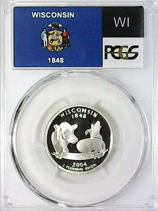 ✅ 2004-S Wisconsin 90% SILVER Washington Quarter ~PCGS PR69DCAM State Flag Label