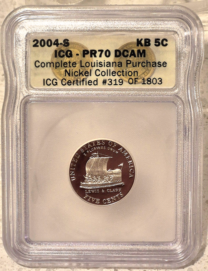 2004-S 5c ICG PR70DCAM JEFFERSON KEEL BOAT NICKEL PROOF DEEP CAME0 319 OF 1803