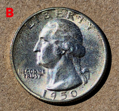 (2)1950-P GEM BU Washington End Coins OBW US Treas 90% Silver Quarter TONE ALERT