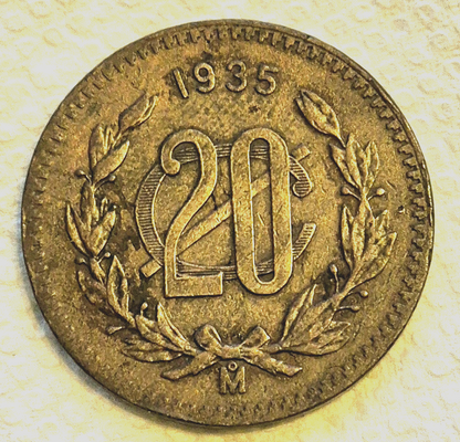 Mexico 1935 20 Centavos Crisp Unc Features Bronze World Coin KM#437