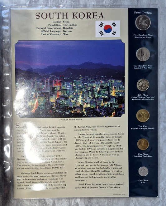 South Korea 6 Coin Set Sheet 1 5 10 50 100 500 Won 1983-2005 Uncirculated Korean