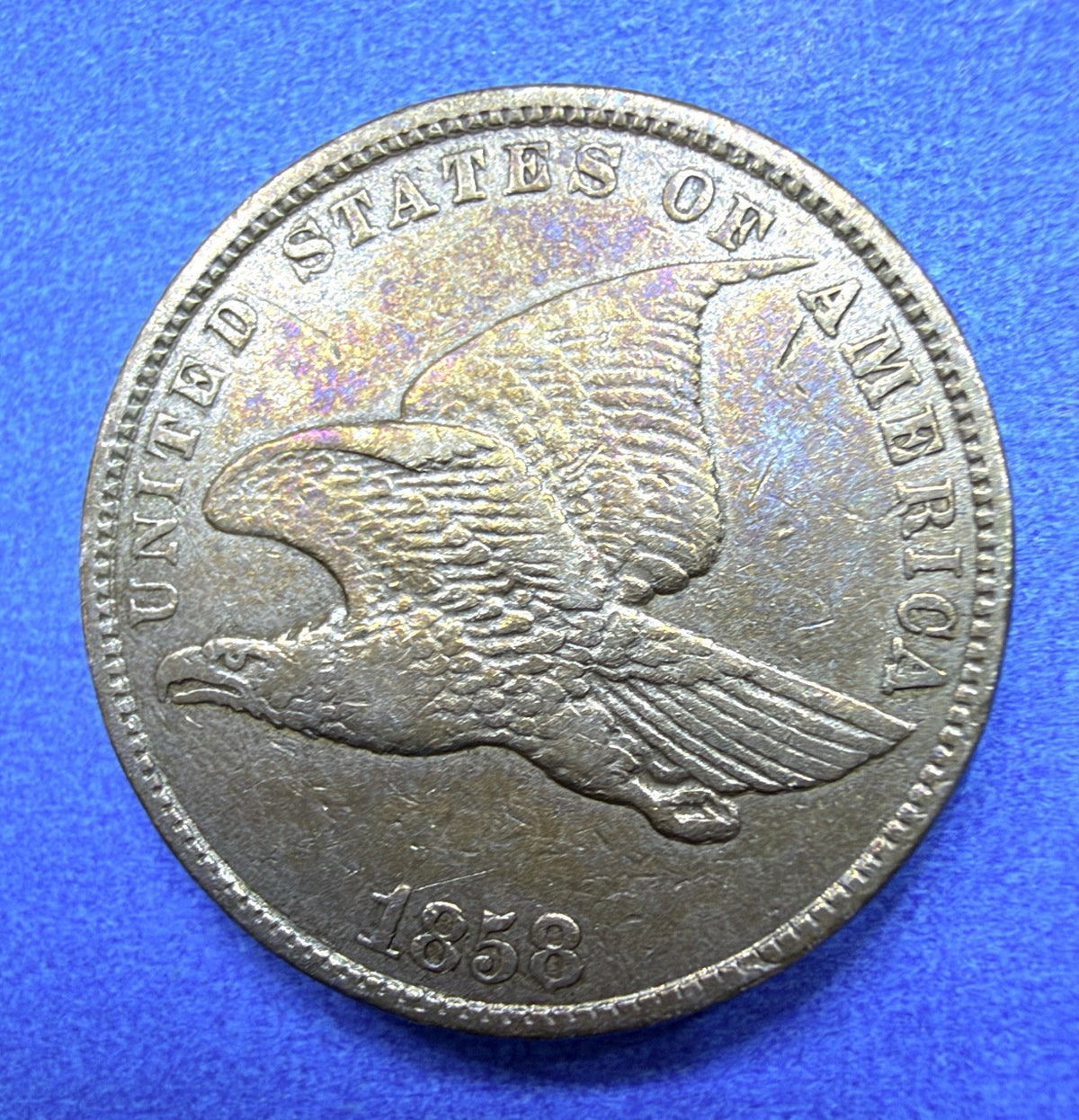 1858 Flying Eagle Cent XF Rainbow Toner Purple Gold Large Letters Low Leaves?