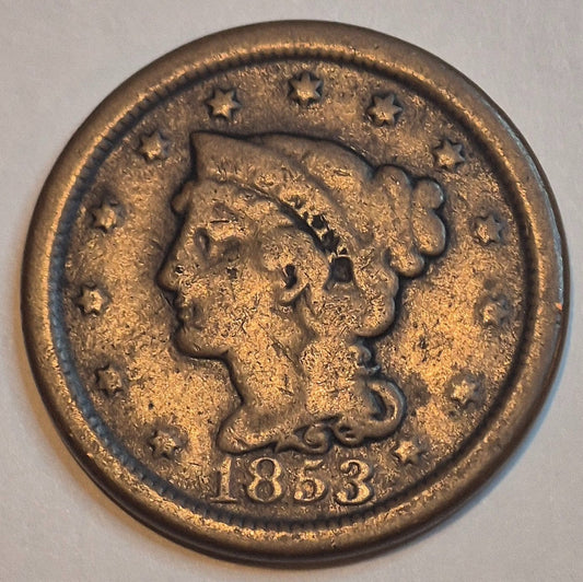 1853 1C BN Braided Hair Cent N28 R3+ GSID 1168 VG+ Features