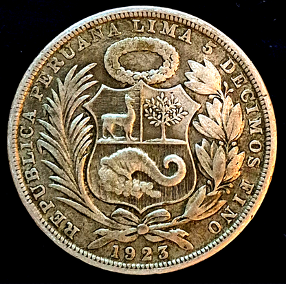1923 Peru 1 Un Sol 37mm XF+ Features 50% Silver Minted in Philly, Plata, KM218.1