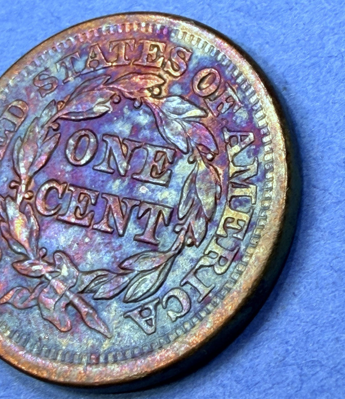 1854 Braided Hair Large Cent 1C XF Super Rainbow Toner Blue Peach Purple Toning