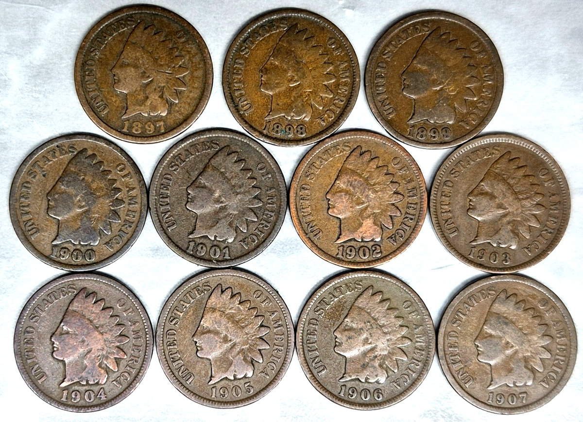 1897-1907 Indian Head Cent Penny Lot 11 Coins Complete Date Run Good 1C Set