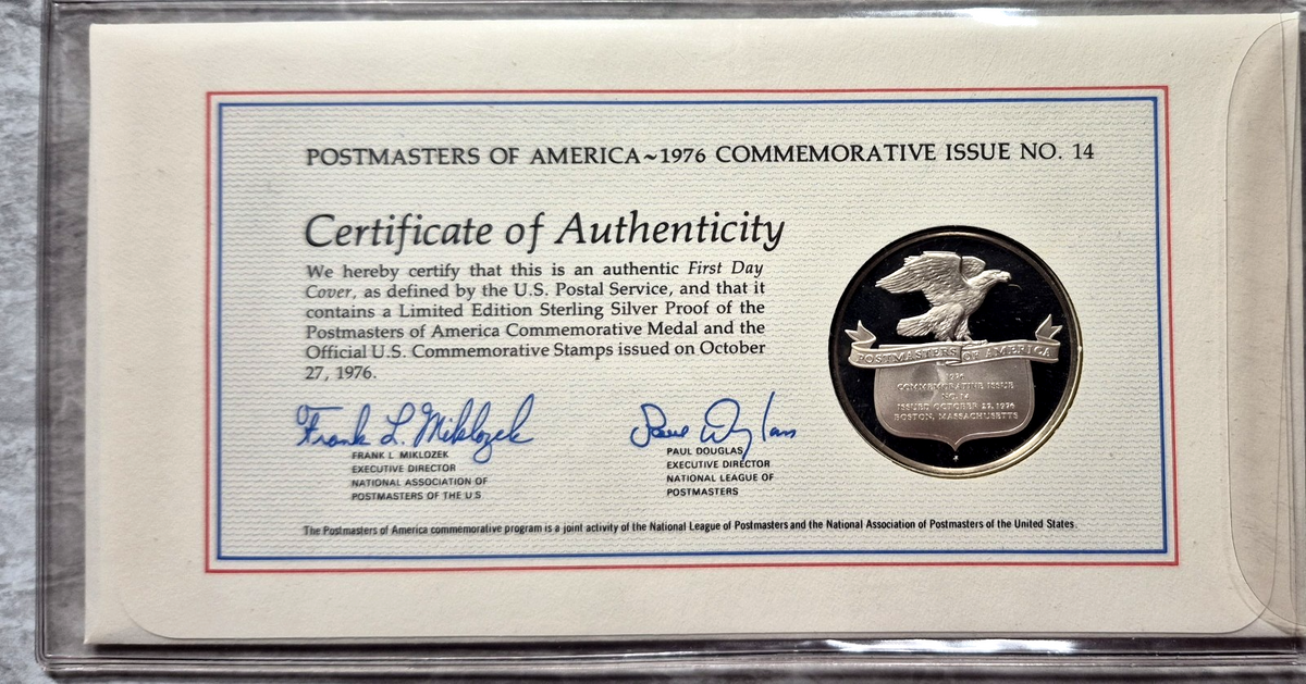 1976 Postmasters of America Christmas Sterling Silver Proof Medal FDC Set