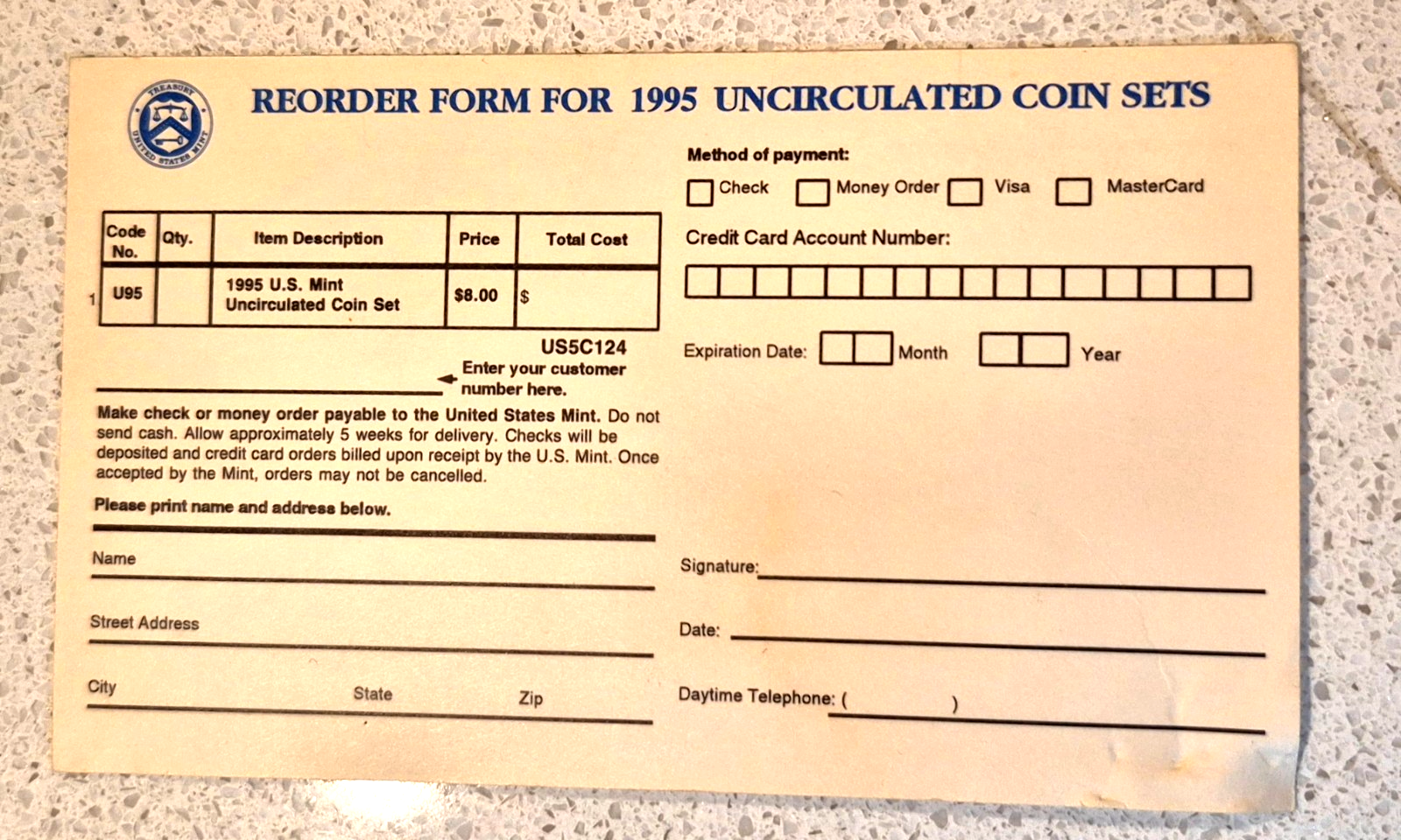 1995 P&D U.S Mint Set Uncirculated BU Coins OGP and Hard to Find Re-Order Card
