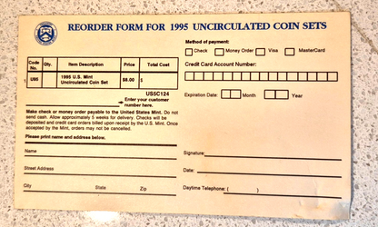 1995 P&D U.S Mint Set Uncirculated BU Coins OGP and Hard to Find Re-Order Card