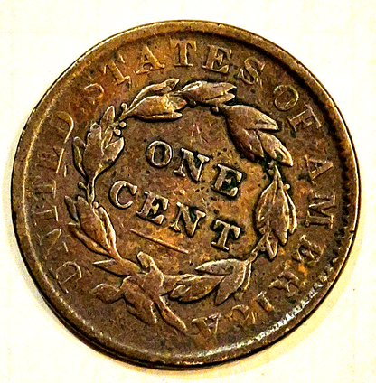 1835 Coronet Head Large Cent Lg 8 and Stars VF Features 15°CW Rotated Die Error