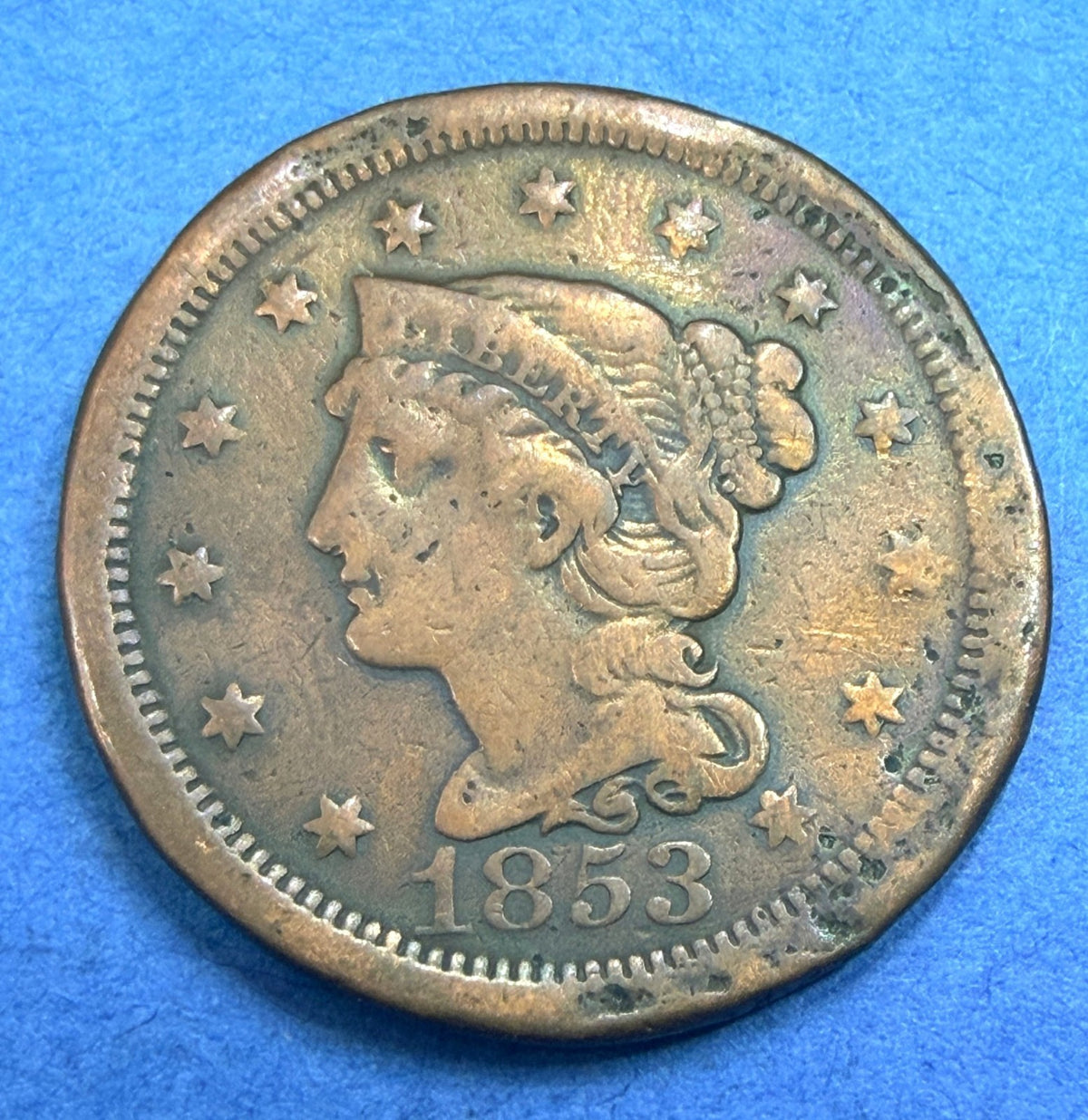 1853 Braided Hair Large Cent 1C F Fine Attractive Surfaces Pre Civil War Copper