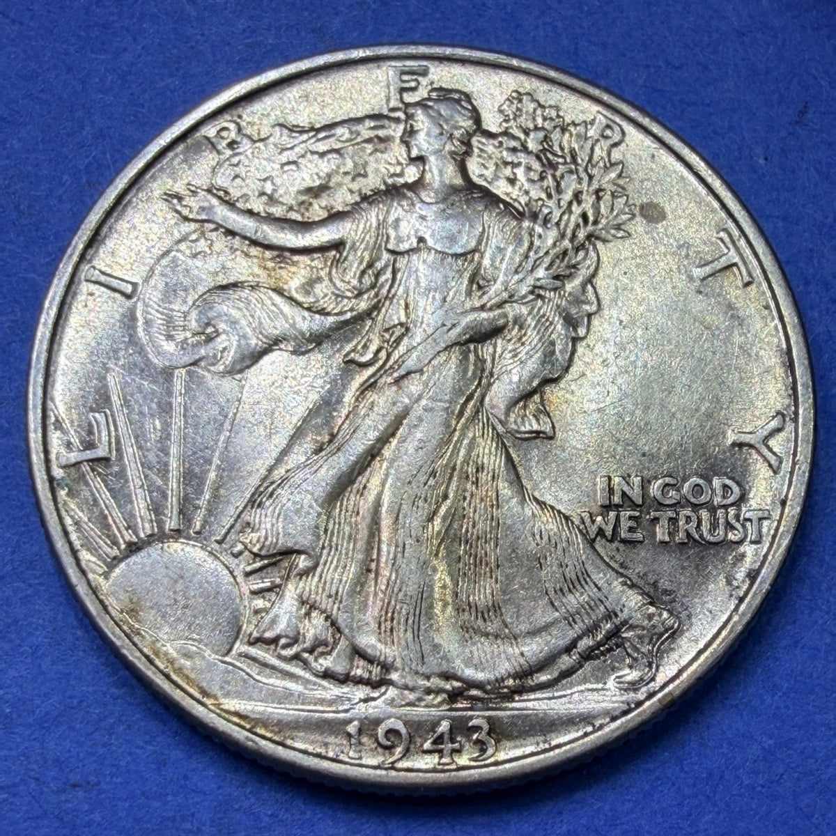 1943 Walking Liberty Half Dollar 50C AU About Uncirculated 90% Silver Toned WWII
