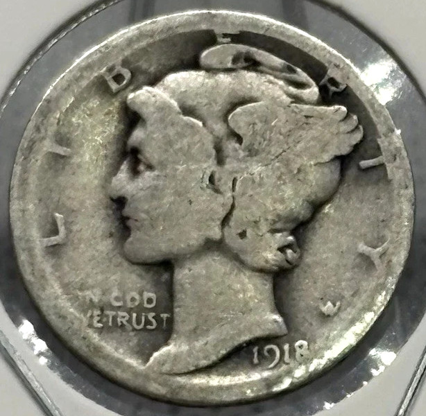 1918-D Mercury 90% SILVER Dime G-VG+ (Good -V Good) Average Circulated Condition