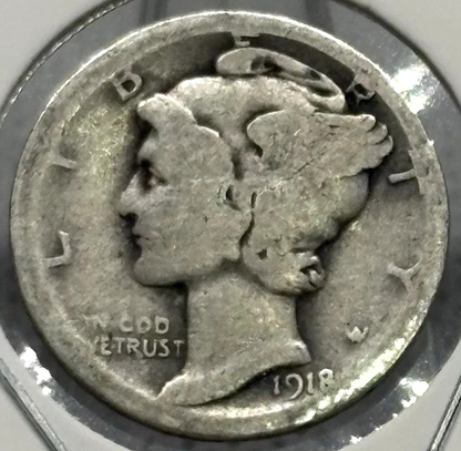 1918-D Mercury 90% SILVER Dime G-VG+ (Good -V Good) Average Circulated Condition