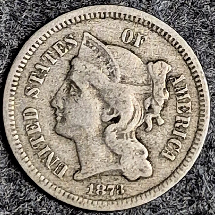 1873 Three Cent Nickel Closed 3 VF Very Fine Raw US 3C Coin
