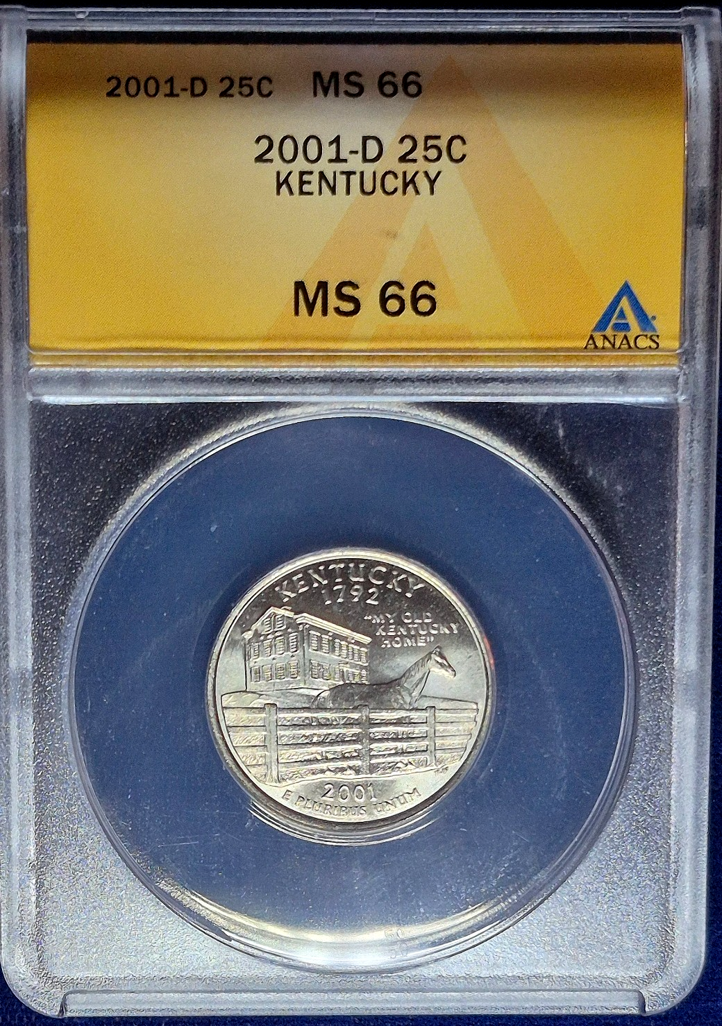 2001 D WASHINGTON QUARTER, GRADED MS 66 BY ANACS ,  KENTUCKY, Coin Shown, 25C,
