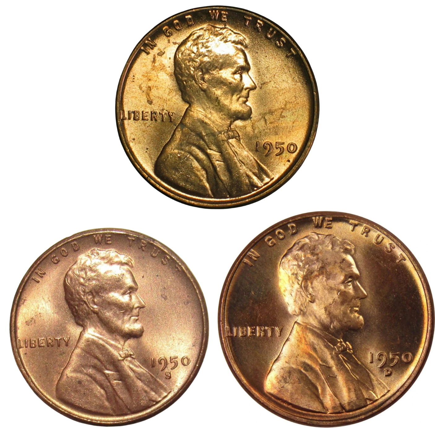 ✅  1950 P/D/S BU Uncirculated 3 COIN SET Lincoln Wheat Cents Choice RED Beauties