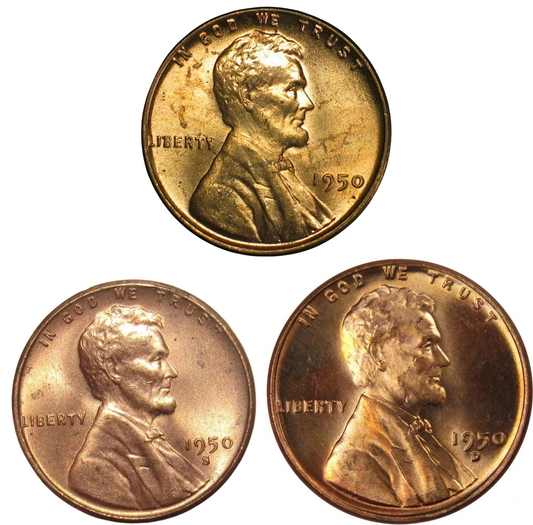✅  1950 P/D/S BU Uncirculated 3 COIN SET Lincoln Wheat Cents Choice RED Beauties