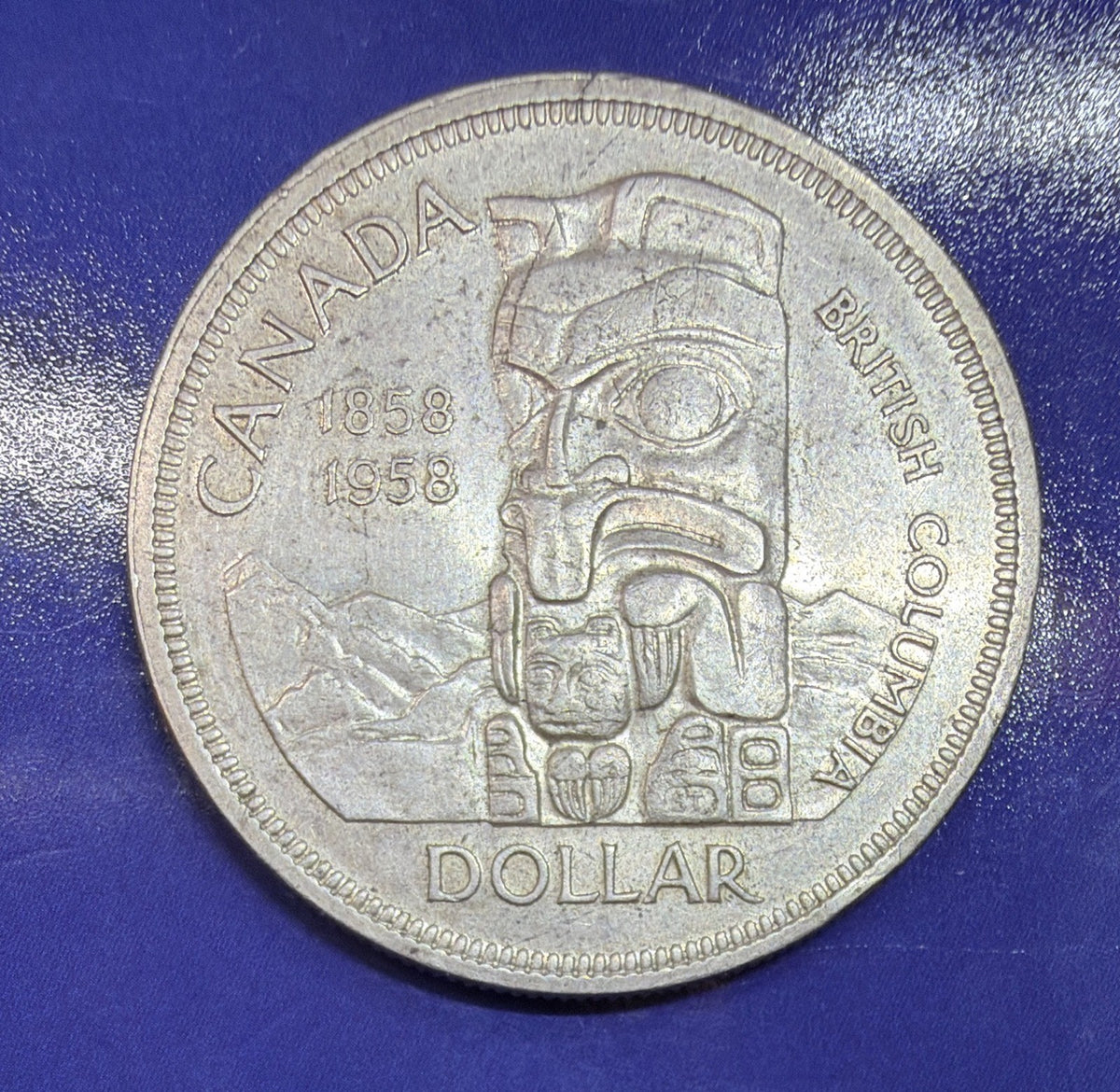 1958 Canada British Columbia Totem Pole Silver Dollar $1 AU 80% Silver Coin