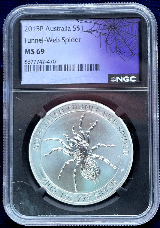 2015-P MS69 1oz .999 SILVER AUSTRALIA *FUNNEL-WEB SPIDER* NGC WEB LABEL $1