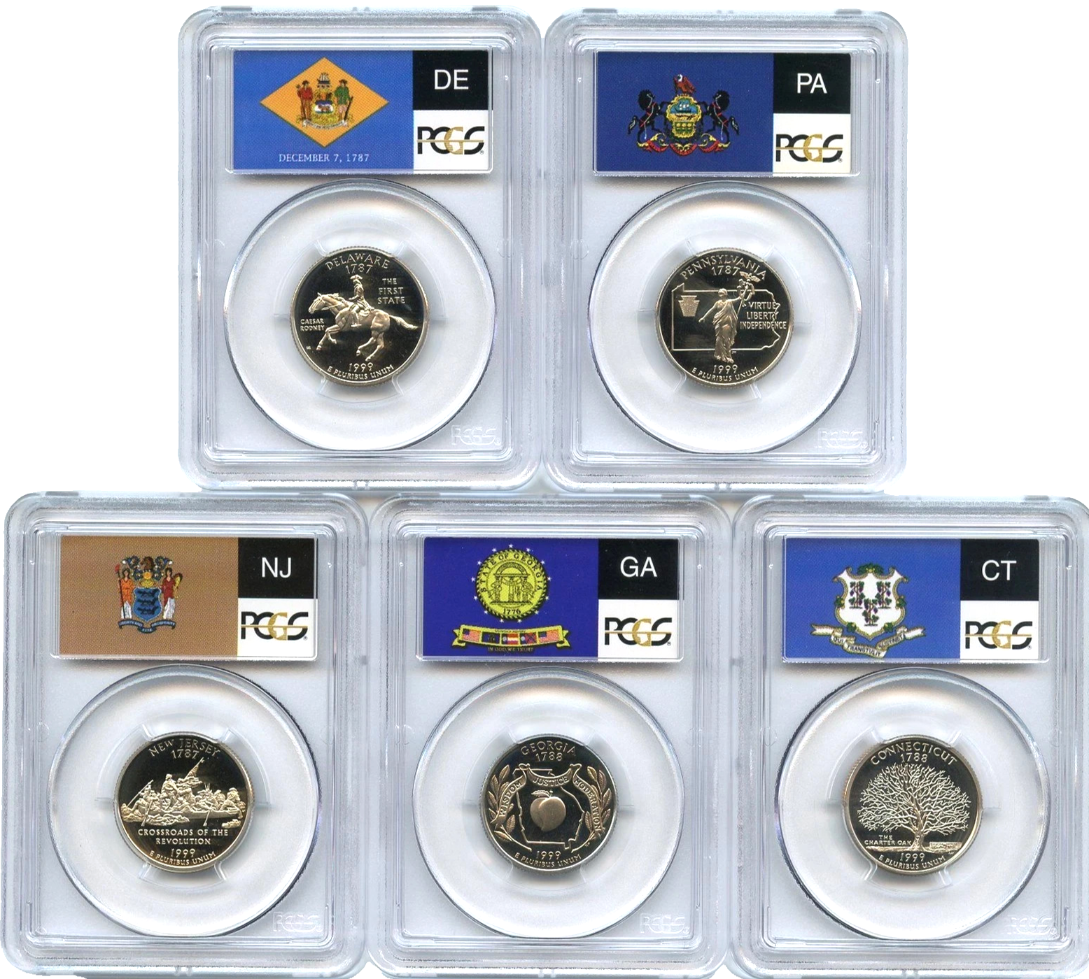 🔥 1999 S 5 Coin State Quarter Set PCGS PR69DCAM DE CT PA NJ GA Flag Labels