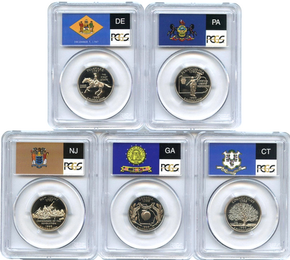 🔥 1999 S 5 Coin State Quarter Set PCGS PR69DCAM DE CT PA NJ GA Flag Labels