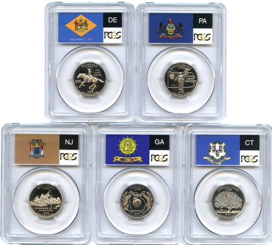 🔥 1999 S 5 Coin State Quarter Set PCGS PR69DCAM DE CT PA NJ GA Flag Labels