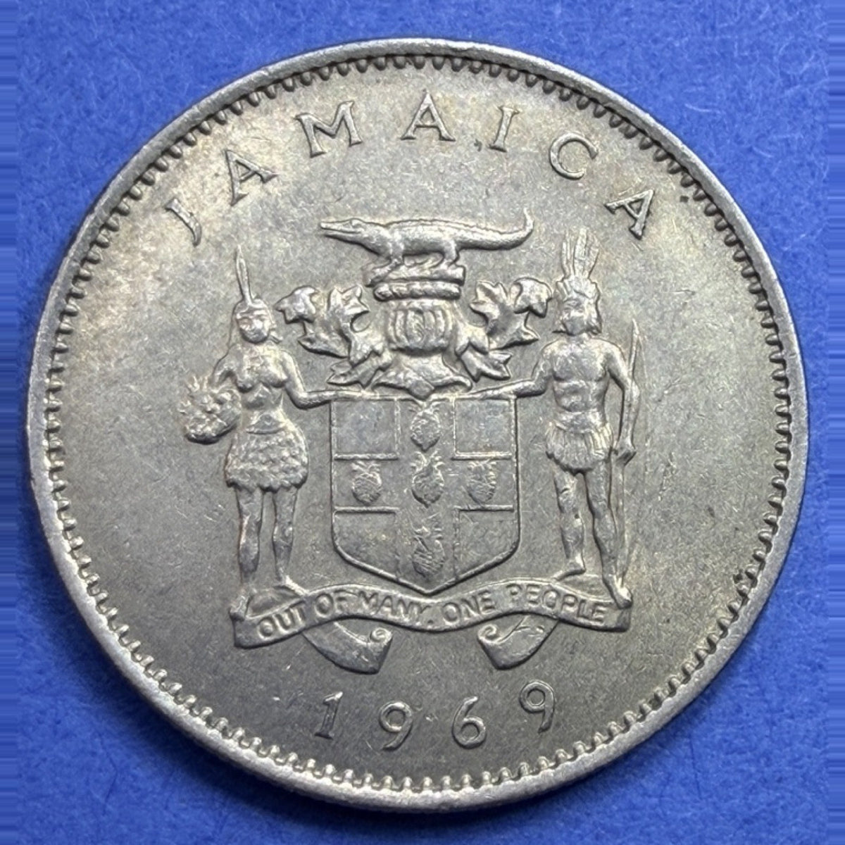 1969 Jamaica 10 Cents XF-AU Butterfly Flower Coat of Arms Coin Out of Many One
