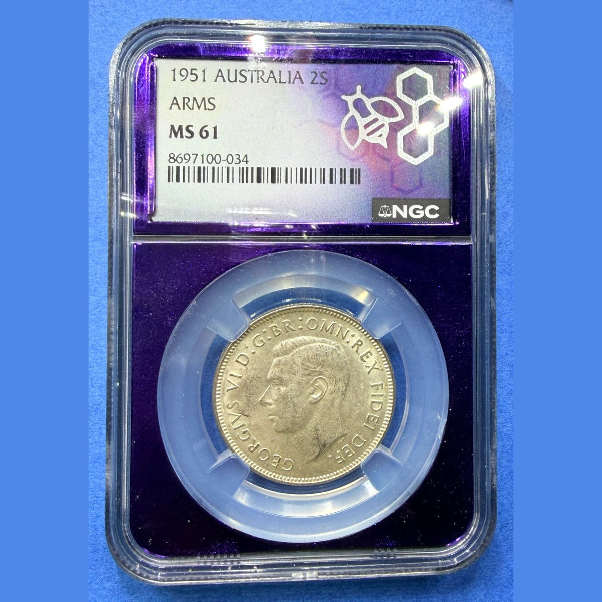1951 Australia Florin 2 Shillings Arms NGC MS61 Silver George VI Bee Label Coin