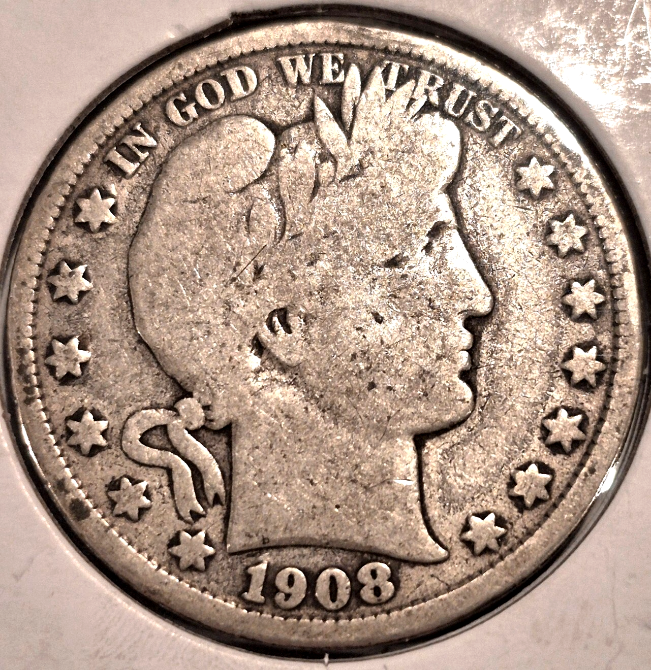 1908 D Barber Half Dollar 90% Silver G-VG Features Full Motto 50C